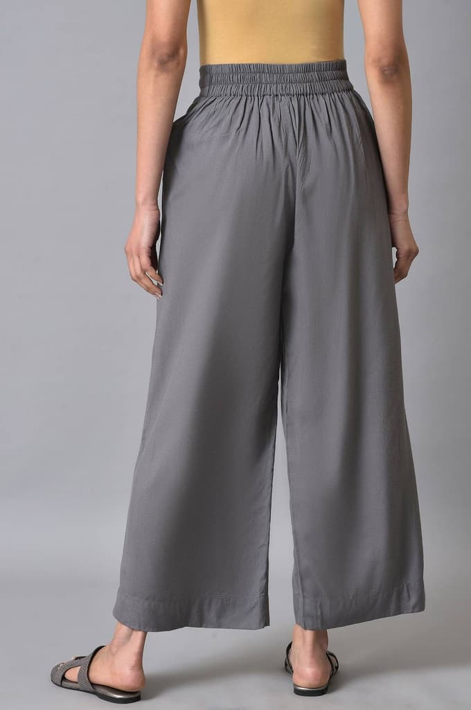 Grey Solid Flared Cotton Palazzo With Elasticated Waist — photo 2