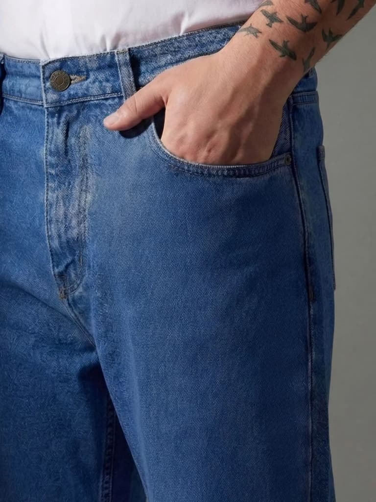 Plus Men's Blue Relaxed Fit Washed Denim Jeans Non-Stretchable — photo 5