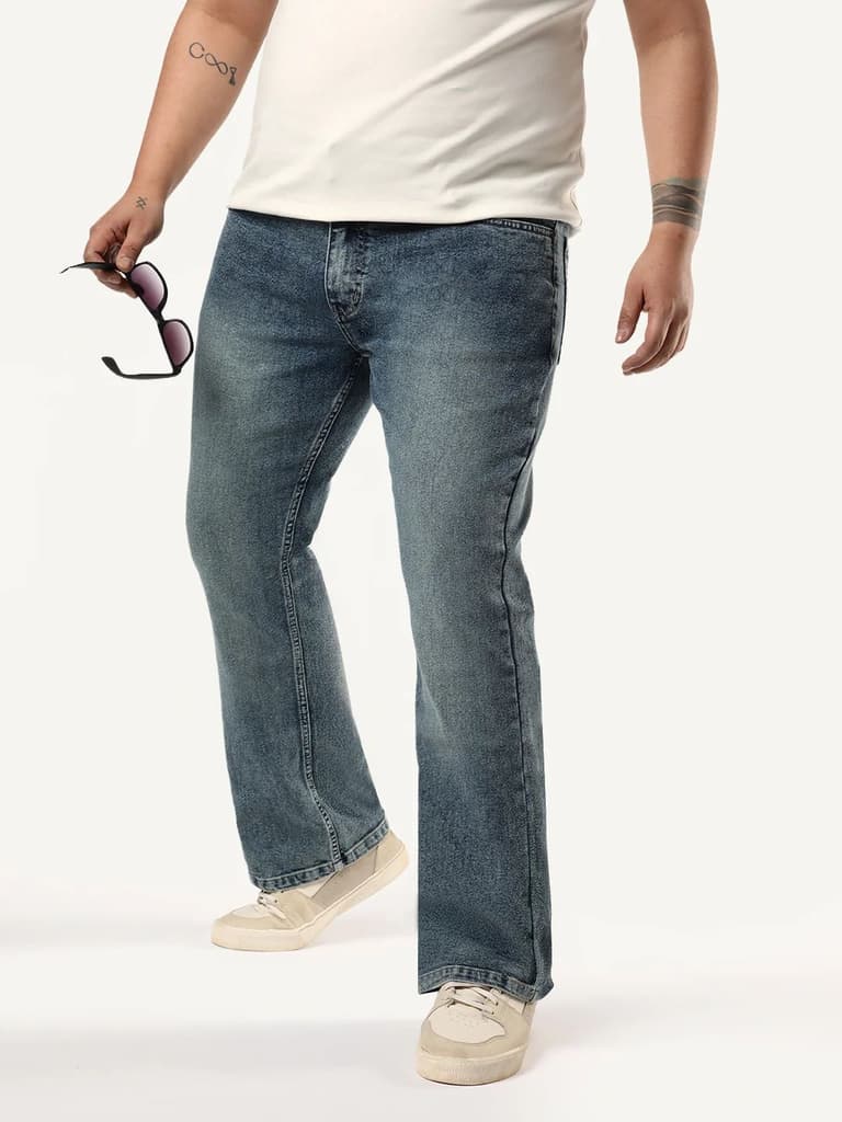 Plus Men's Light Blue Bootcut Fit Mid Rise Tinted Heavy Washed Jeans Stretchable — 36 / Light Blue