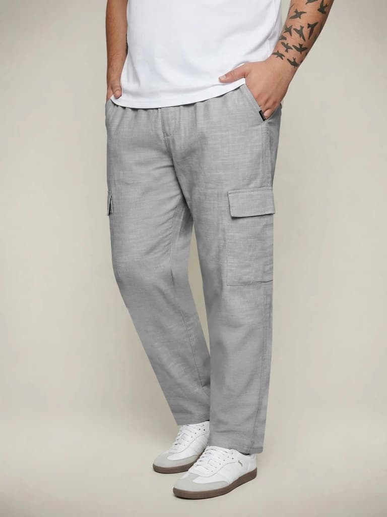 Plus Men's Light Grey Straight Fit Linen Cargo Pants with 6 Pockets — photo 2