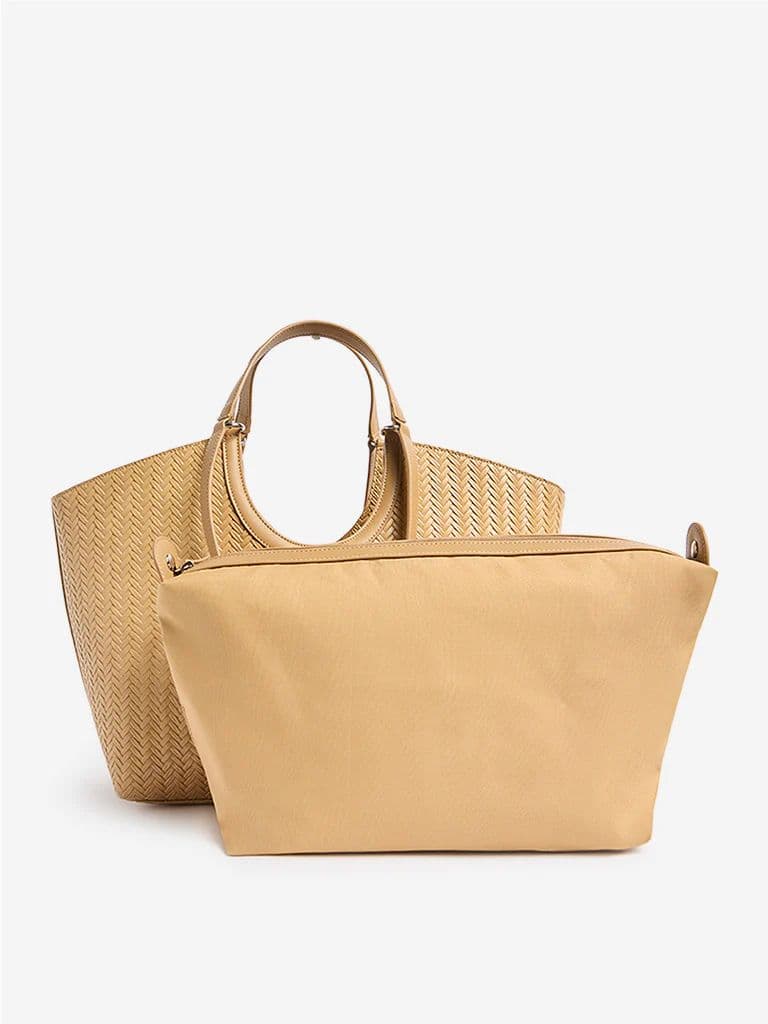 Westside Mustard Woven Textured Handbag with Pouch — photo 3