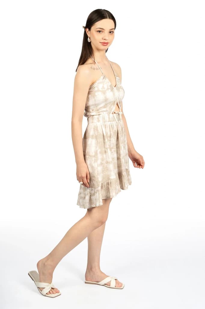 Off White & Brown Tie & Dye Fit & Flare Halter Dress — photo 4