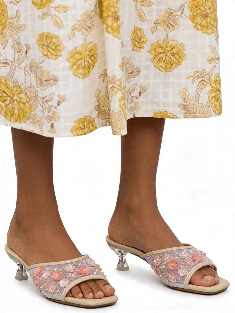 LUNA BLU Light Pink Floral Sequin Kitten Heel Sandals