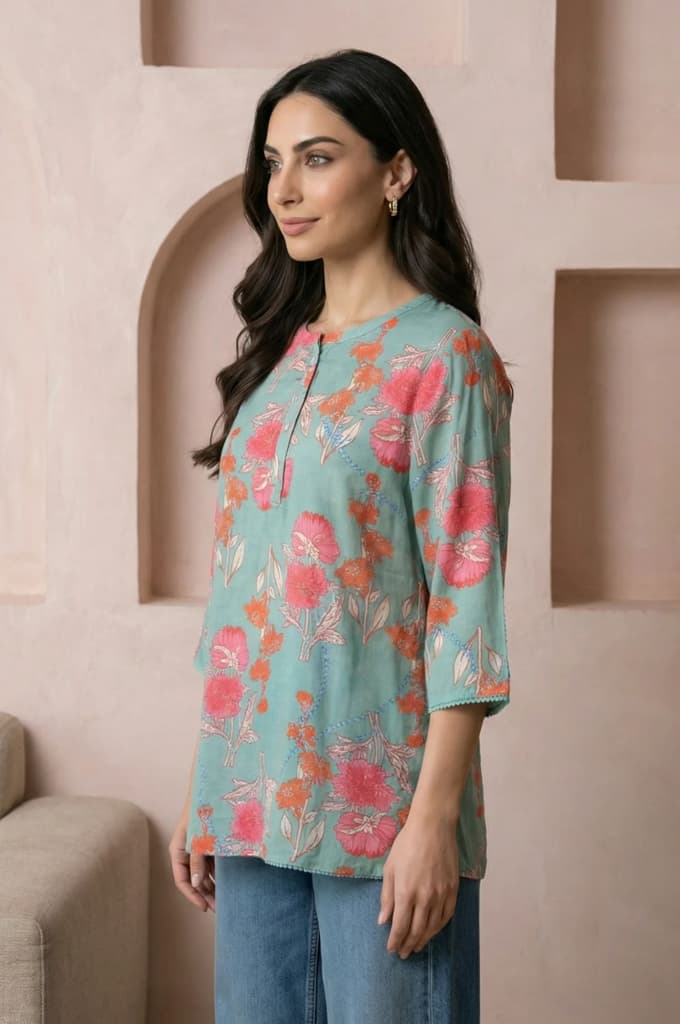 Sea Green Floral Printed Modal Straight Top — photo 4