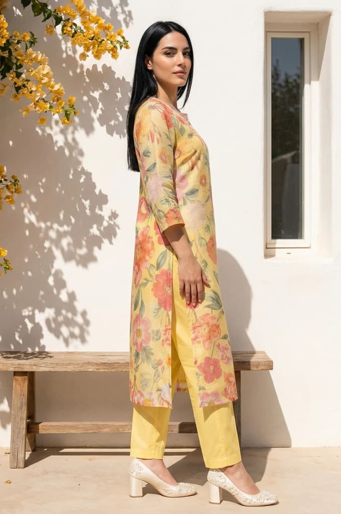 Yellow Floral Printed Sequins Straight Kurta — photo 3
