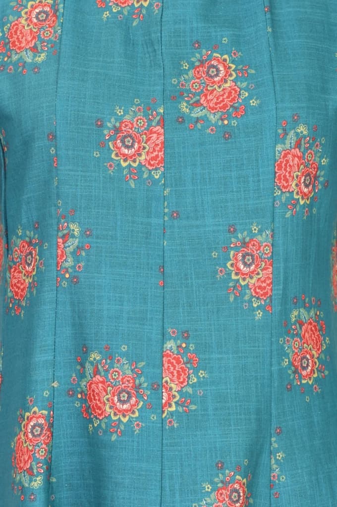 Teal Floral Printed Cotton Flax Flared Kurta — photo 3
