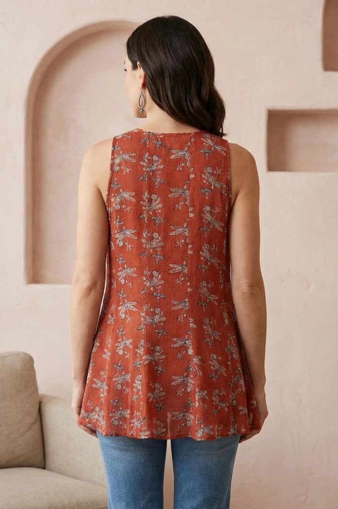 Rust Block Printed Cotton Blend A-line Sleeveless Top — photo 5
