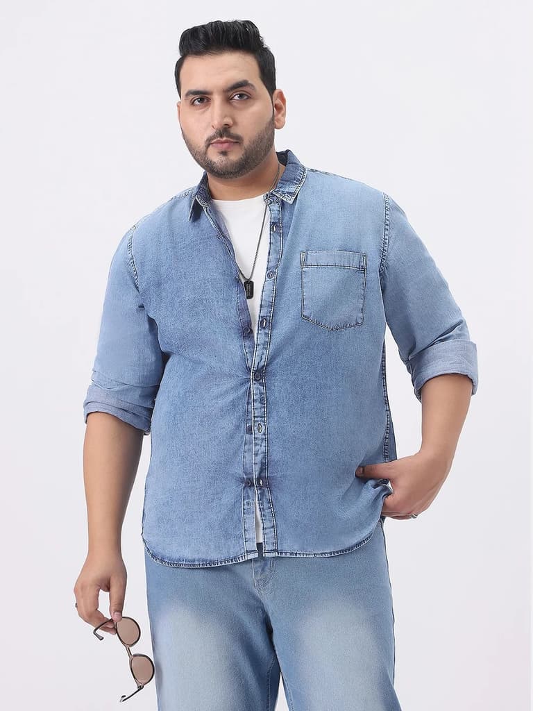 Plus Men's Ice Blue Regular Fit Full Sleeve Washed Denim Shirt — photo 2