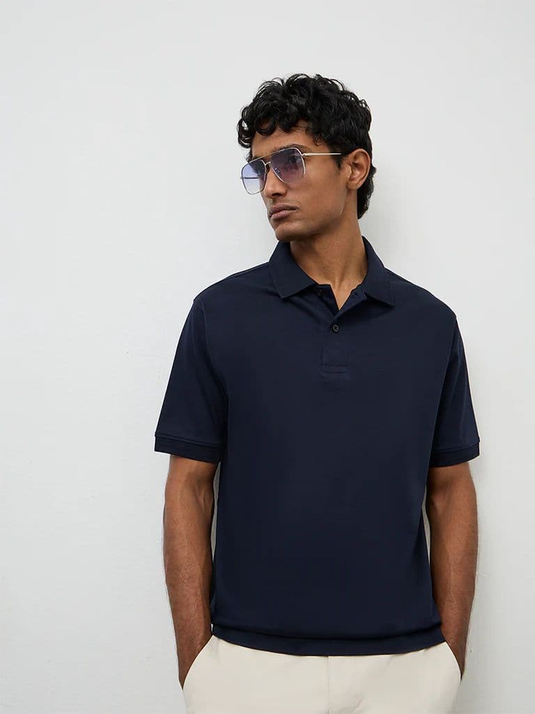 WES Casuals Navy Relaxed-Fit Cotton Polo T-Shirt — photo 3