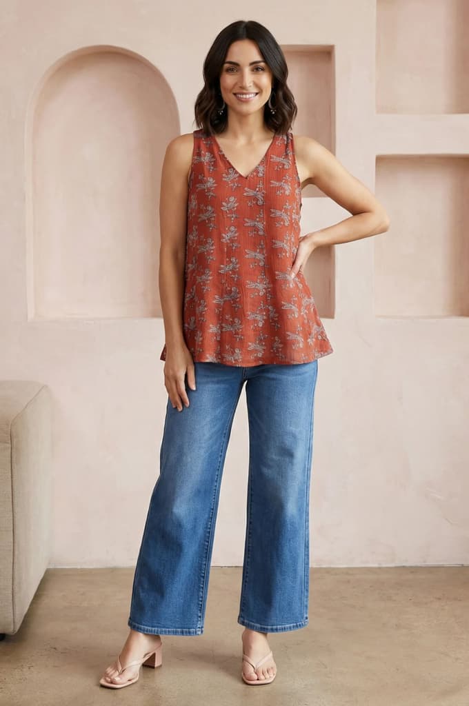 Rust Block Printed Cotton Blend A-line Sleeveless Top — photo 3