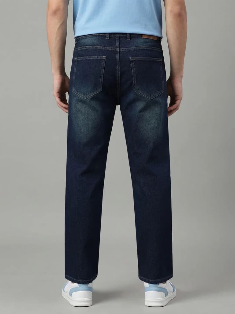 Men's Dark Blue Relaxed Fit Washed Denim Jeans Non-Stretchable — photo 3