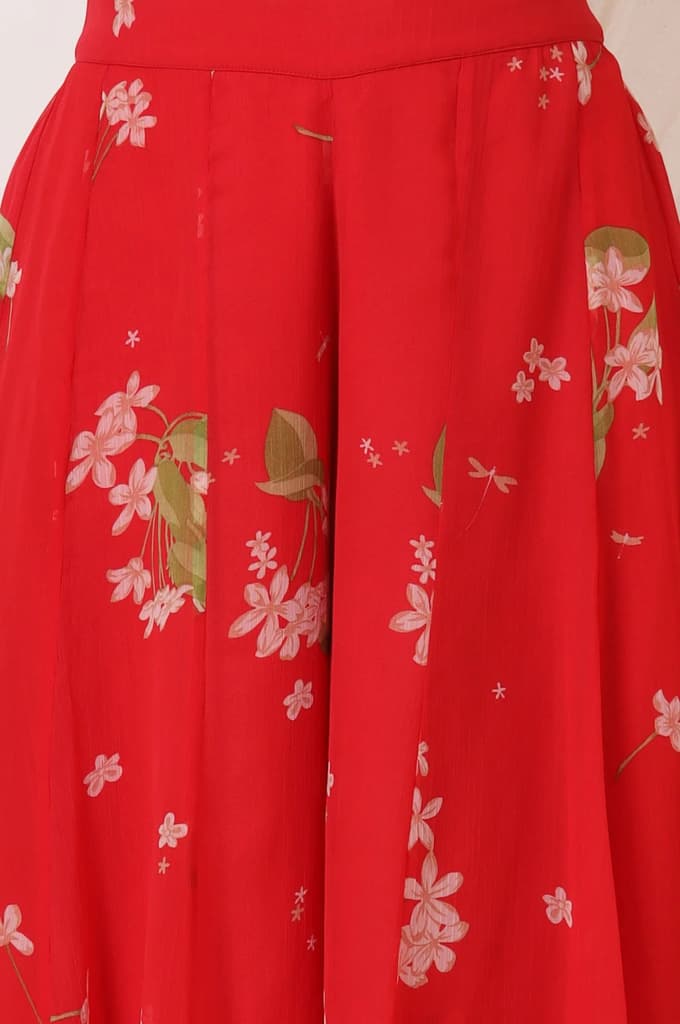 Red Floral Printed Chiffon Jacket, Crop Top and Culottes Set — photo 9