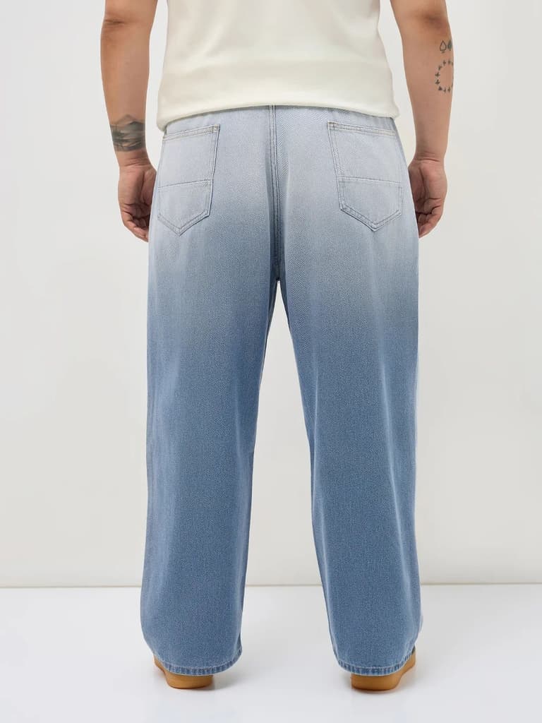 Plus Men's Light Blue Loose Baggy Fit Heavy Washed Faded Denim Jeans Non-Stretchable — photo 3