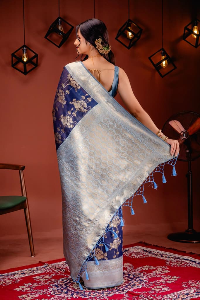 Mimosa Women's Woven Design Kanjivaram Style Art Silk Saree With Blouse Piece : SA00001736NVFREE — photo 6