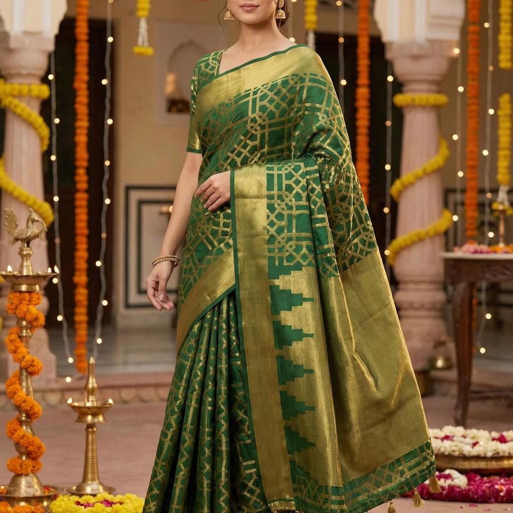 MIMOSA Women's Woven Design Banarasi Style Art Silk Saree with Blouse Piece - Green ( SA00003121GRNFREE )