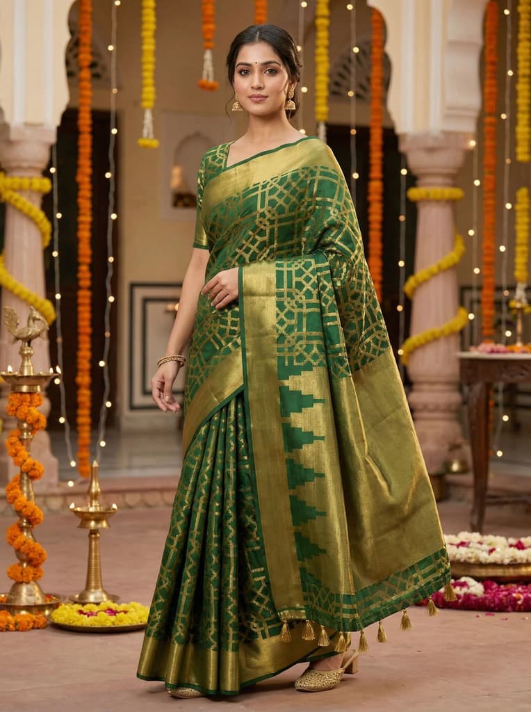 MIMOSA Women's Woven Design Banarasi Style Art Silk Saree with Blouse Piece - Green ( SA00003121GRNFREE ) — Default Title