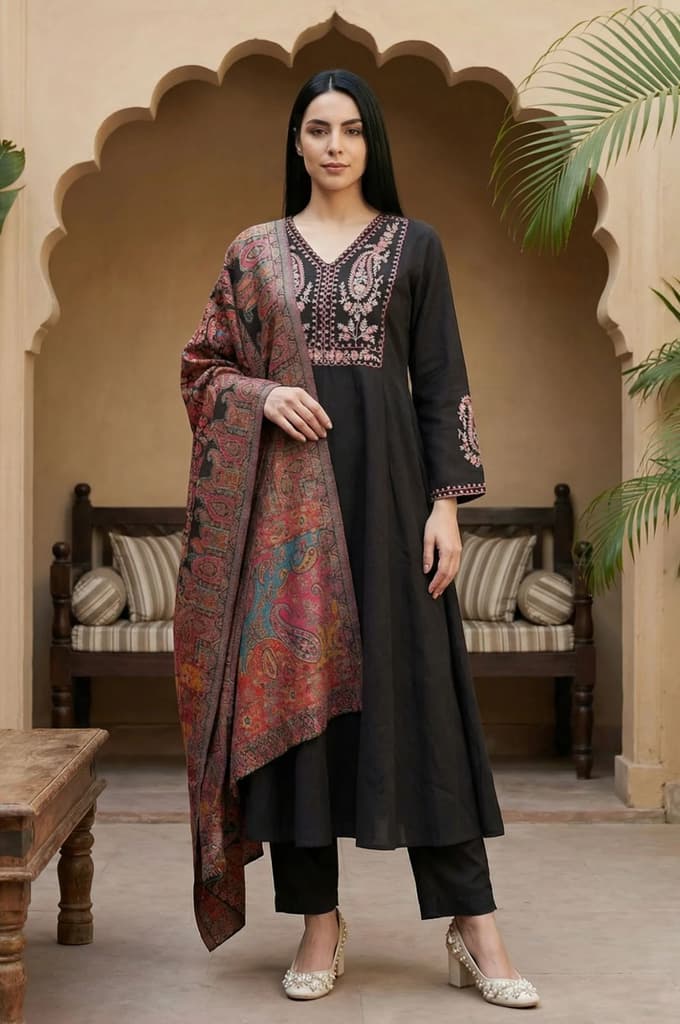 Black Embroidered Anarkali Kurta with Pants and Dupatta Set — XS