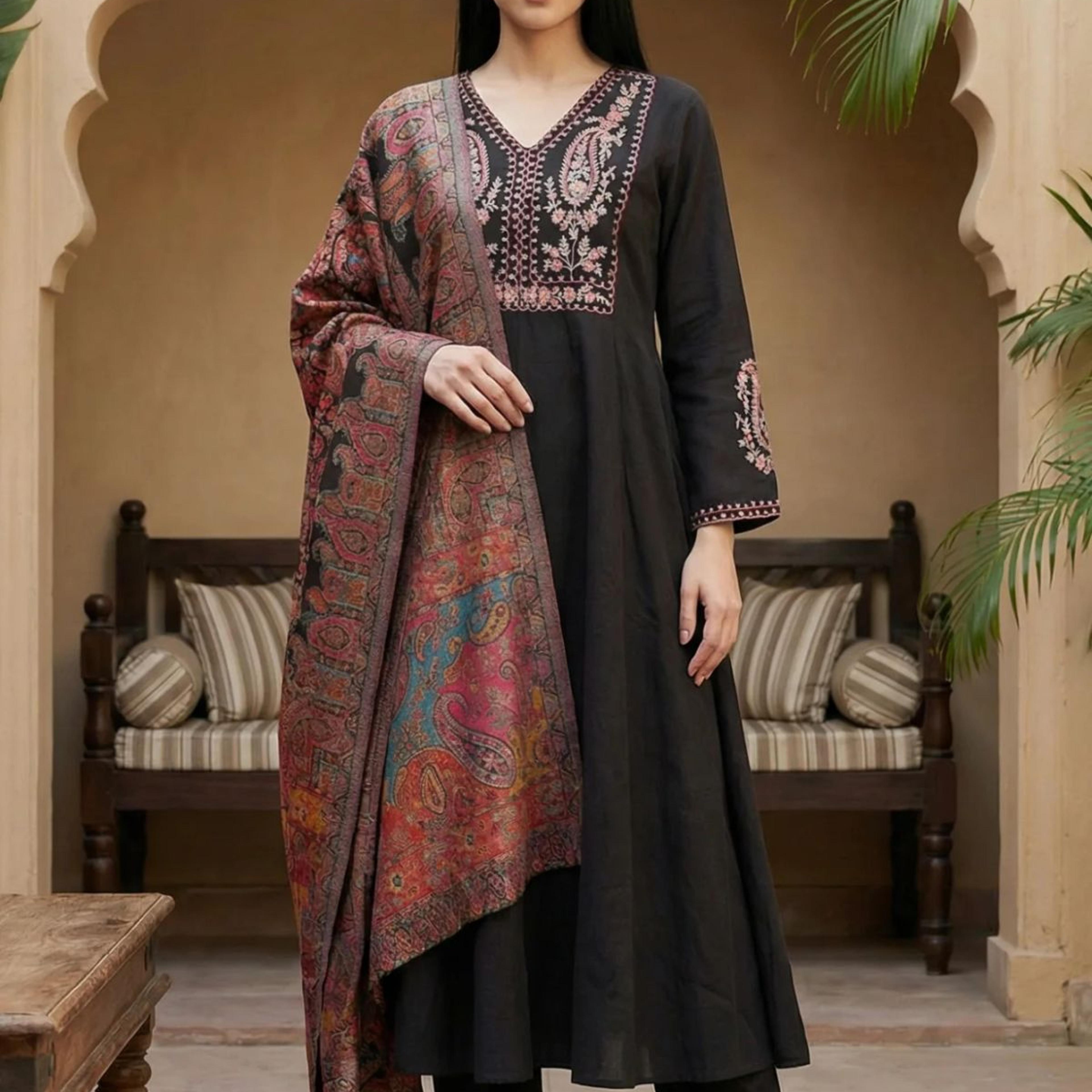 Black Embroidered Anarkali Kurta with Pants and Dupatta Set