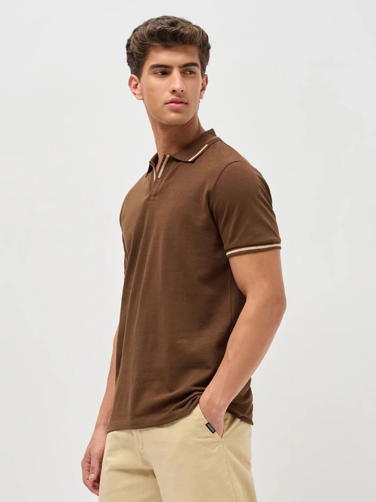 Men's Dark Brown Solid Regular Fit Half Sleeve Cotton Polo T-Shirt — photo 2