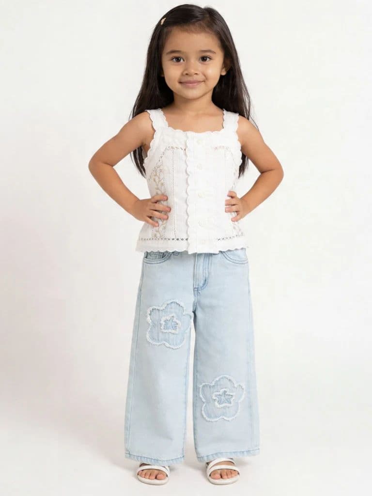 HOP Kids Girls Off-White Embroidered Cotton-Blend Top