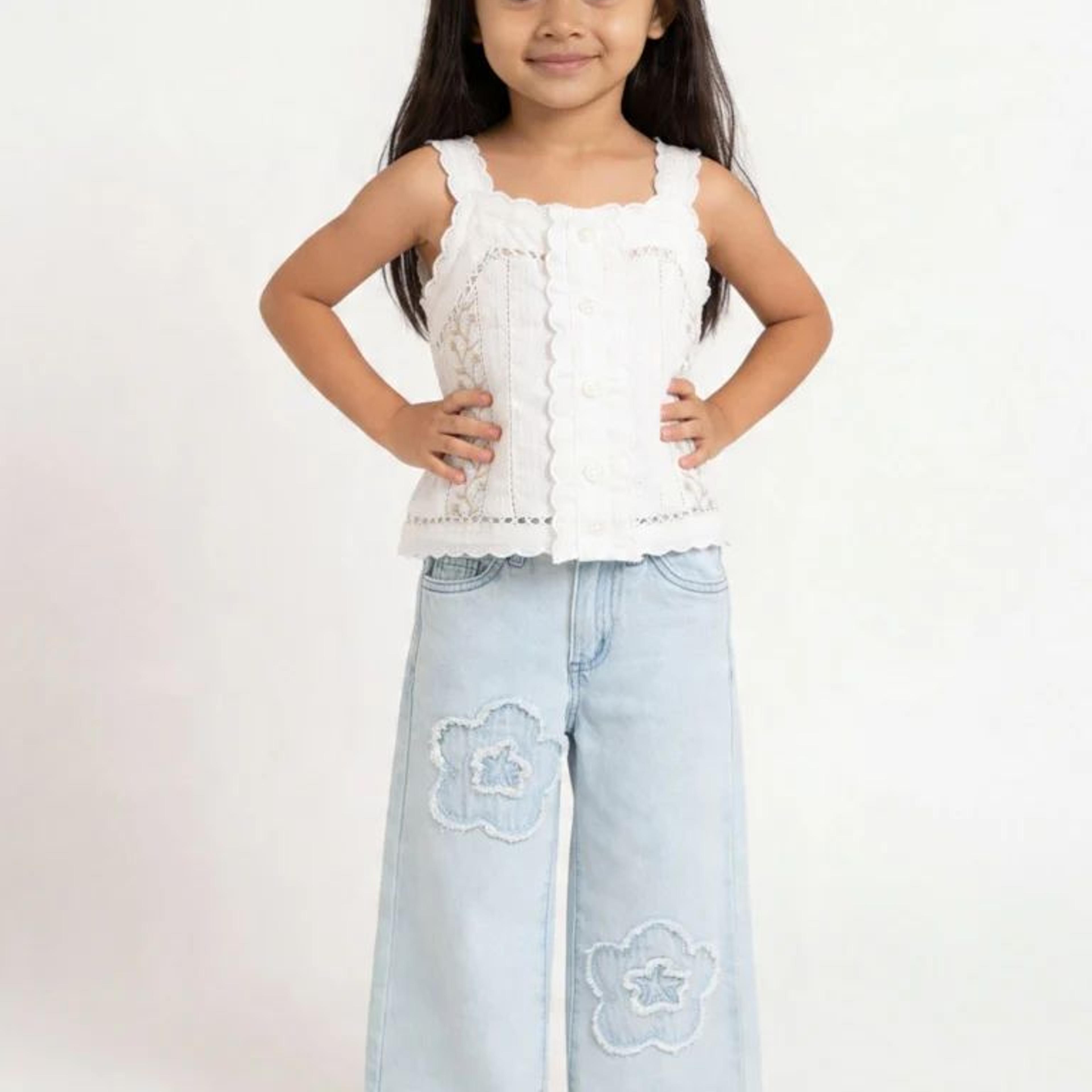 HOP Kids Girls Off-White Embroidered Cotton-Blend Top