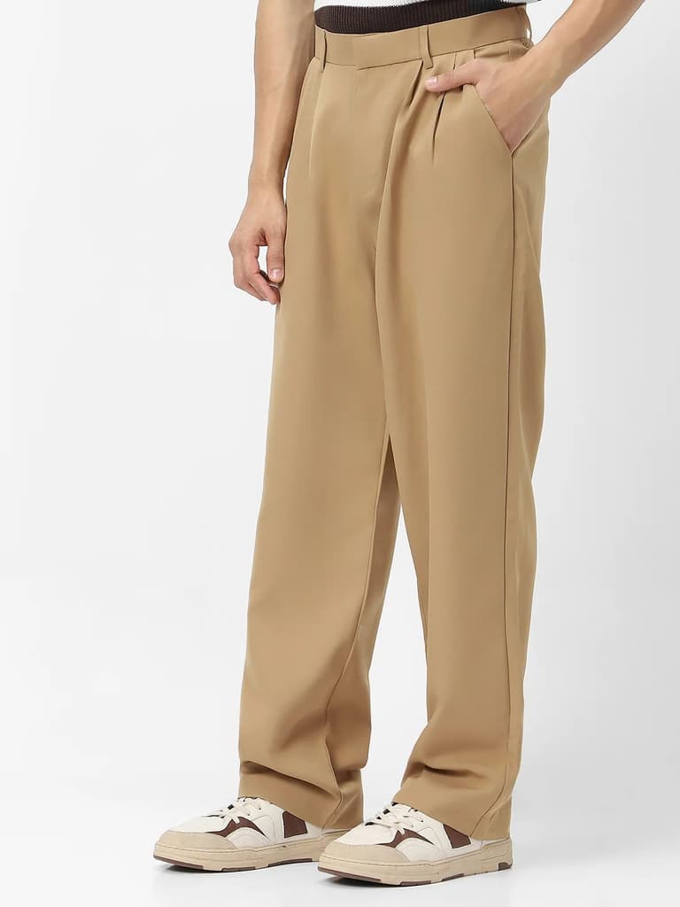 Men's Khaki Loose Baggy Fit Solid Korean Trousers Stretchable — photo 3