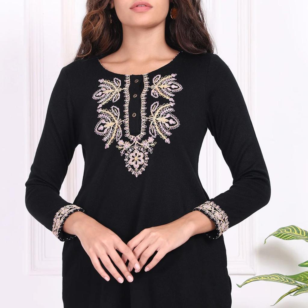 Black Embroidered Straight Acrylic Tunic