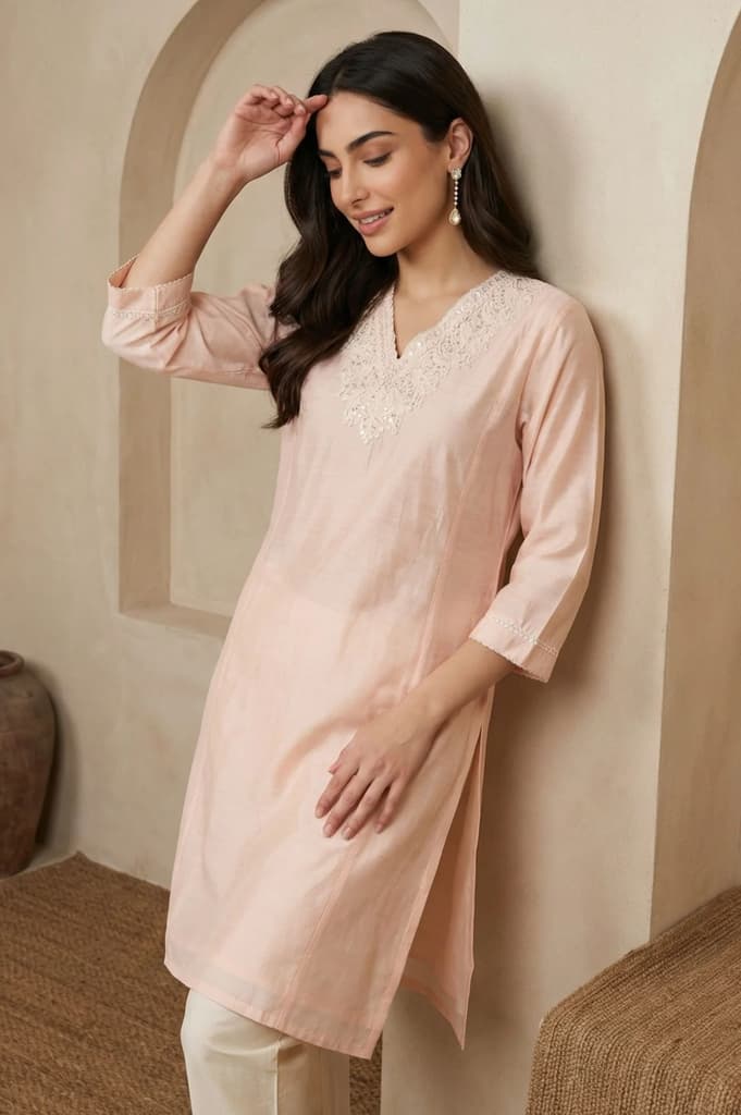 Peach Yarn Dyed Chikankari Embroidered Straight Kurta — photo 3