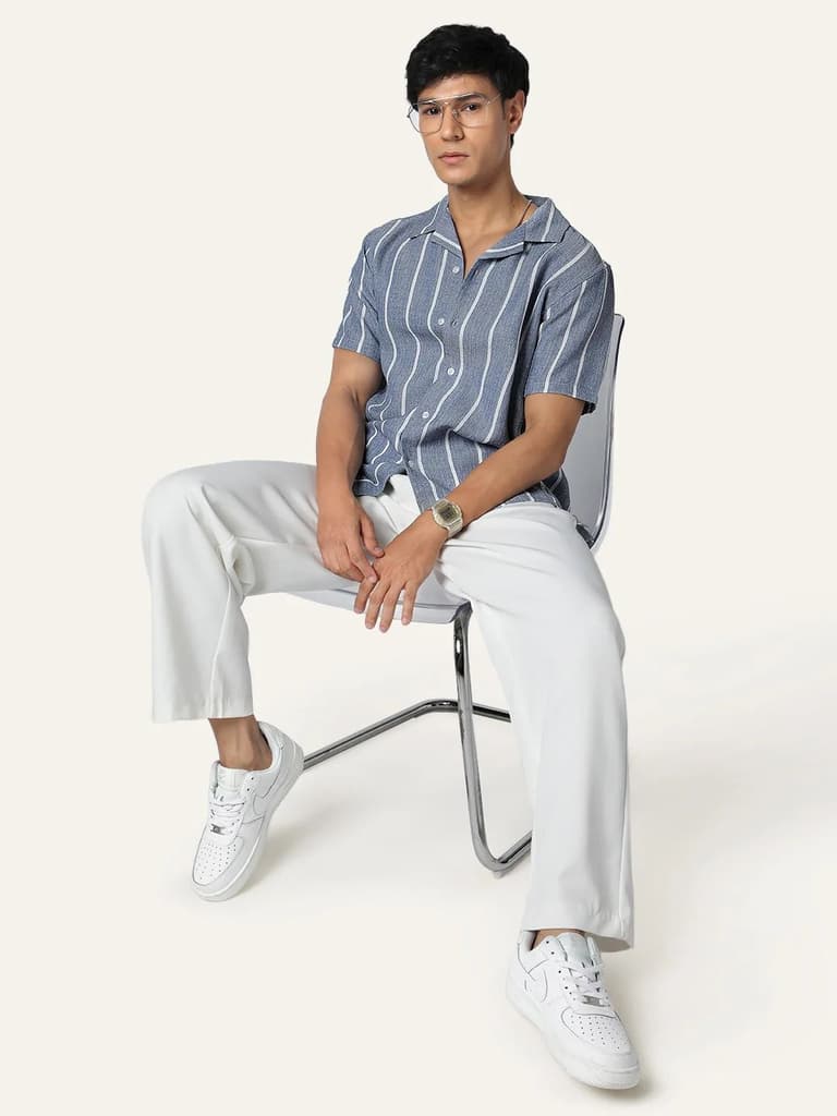 Men's Blue Cotton Half Sleeve Relaxed Fit Linen Striped Shirt with Cuban Collar — photo 5