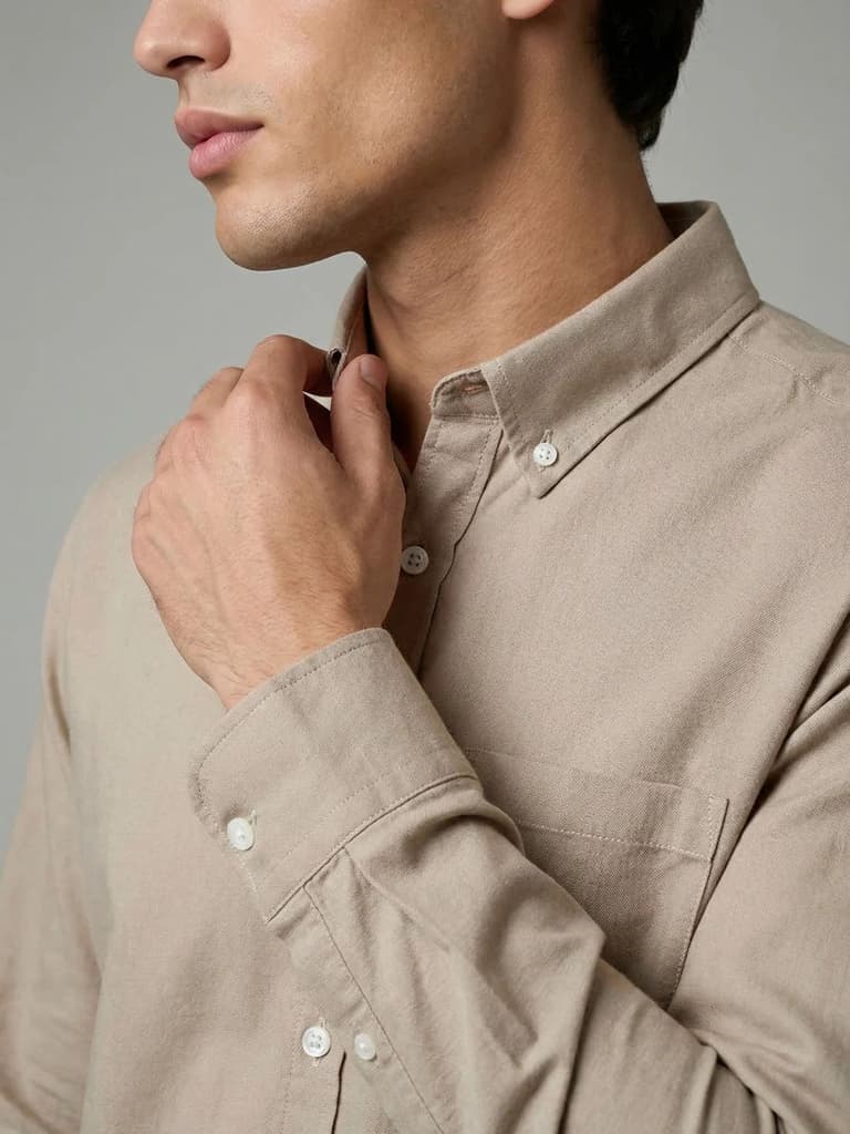Men's Khaki Cotton Full Sleeve Regular Fit Solid Oxford Shirt With Button-Down Collar — photo 5