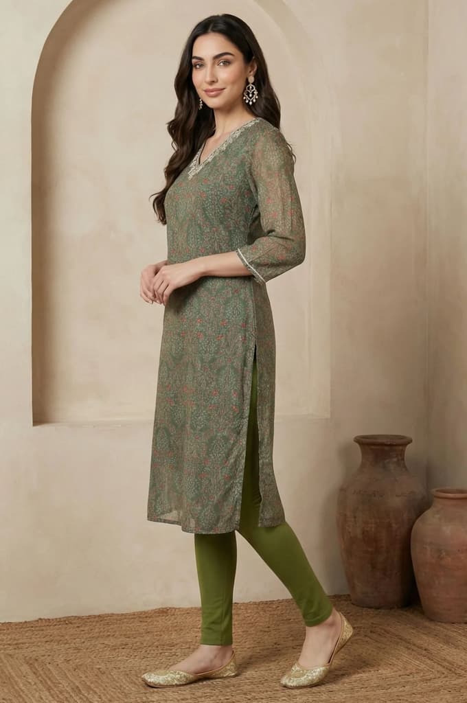 Green Botanical Printed Chiffon Straight Kurta with Sequin — photo 4