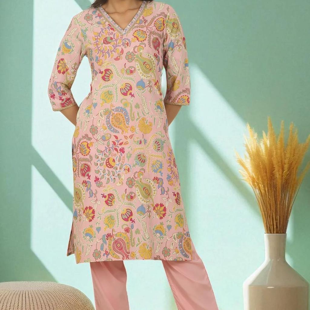 Pink Floral Printed Rayon Straight Kurta and Pants Set