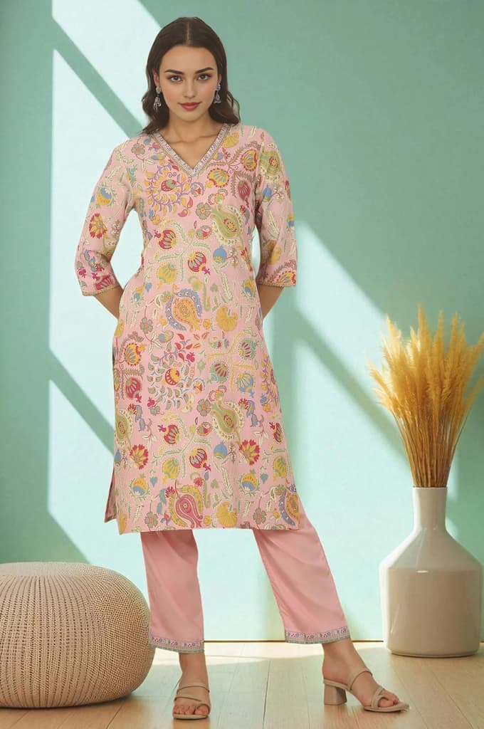 Pink Floral Printed Rayon Straight Kurta and Pants Set — XS
