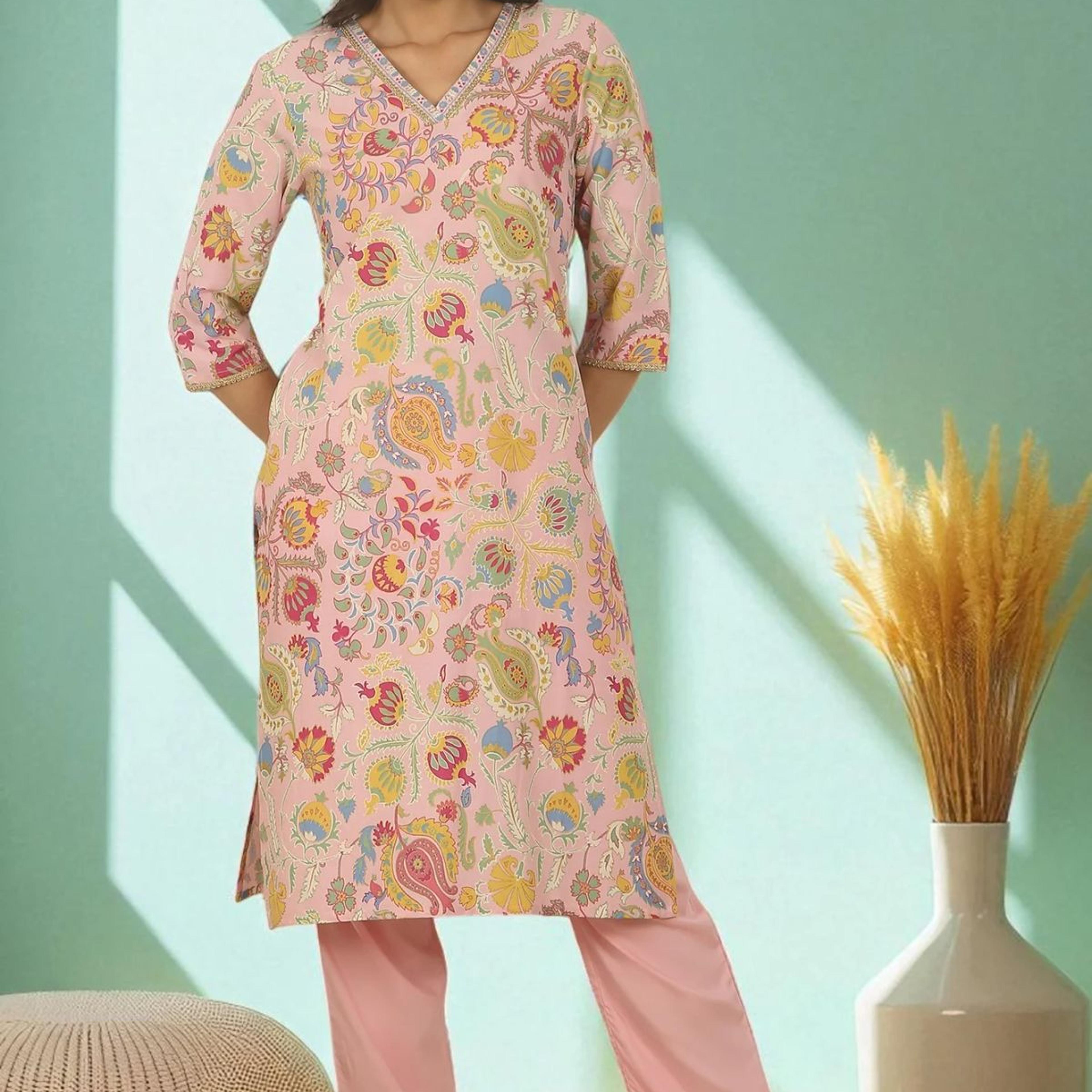 Pink Floral Printed Rayon Straight Kurta and Pants Set