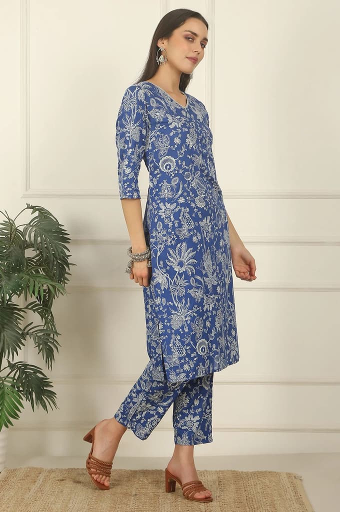 Blue Floral Printed Modal Straight Kurta and Pants Co-ord Set — photo 7
