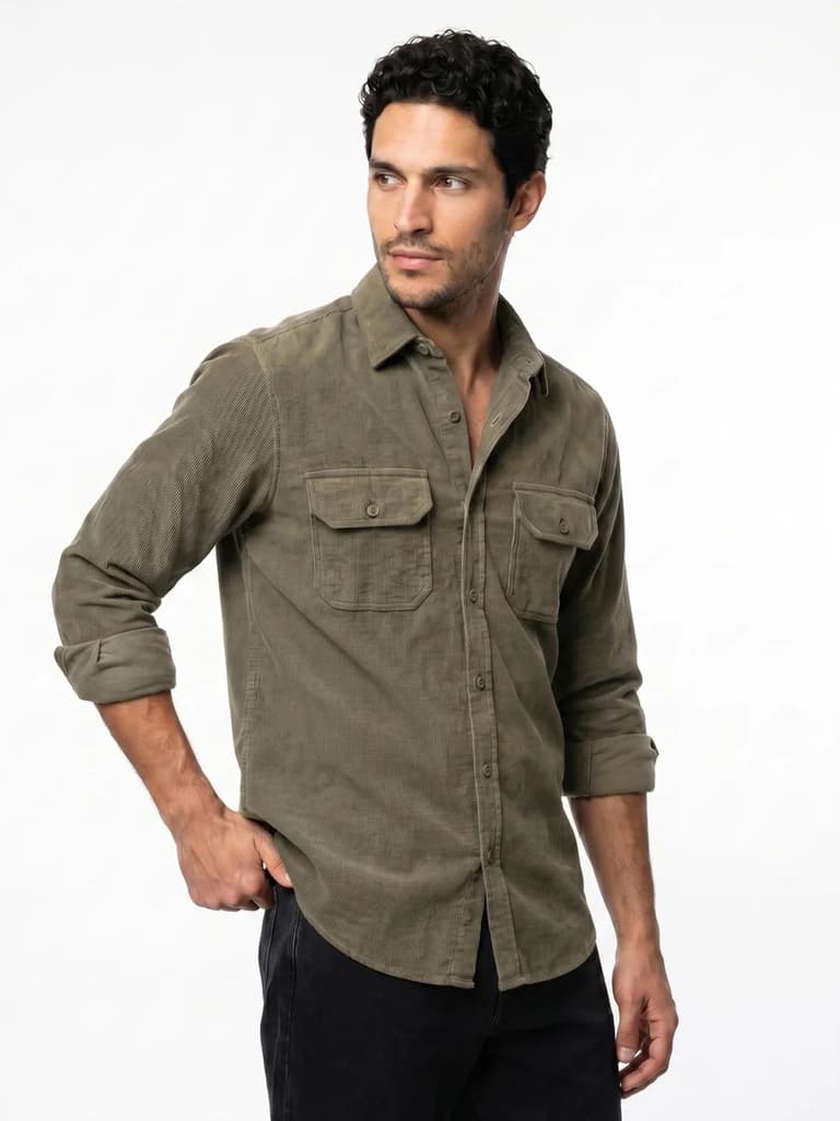 Men's Light Olive Corduroy Full Sleeve Regular Fit Solid Overshirt with Utility Pockets — photo 2