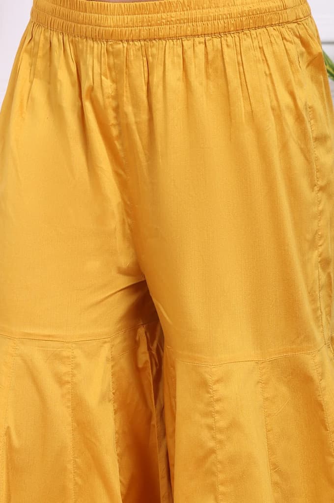 Yellow Embroidered Straight Jacquard Kurta with Sharara and Dupatta Set — photo 9