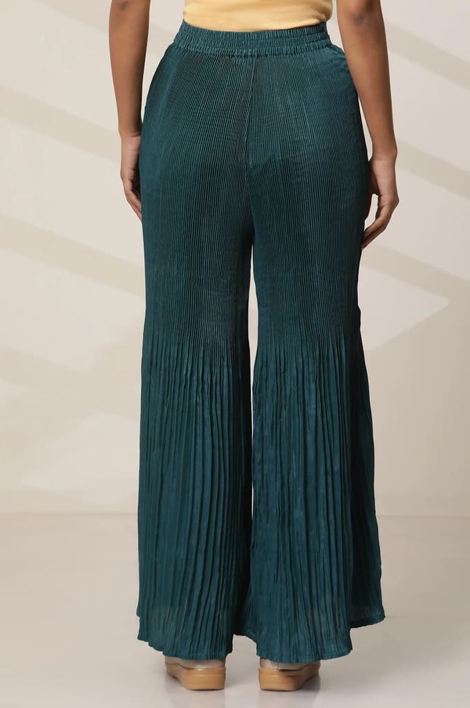 Teal Solid Flared Woven Sharara With Pleats — photo 4
