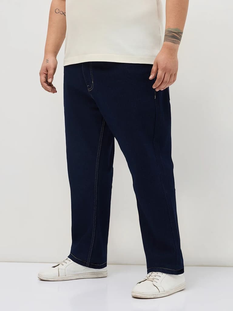 Plus Men's Dark Blue Straight Fit Raw Washed Denim Jeans Stretchable — photo 2
