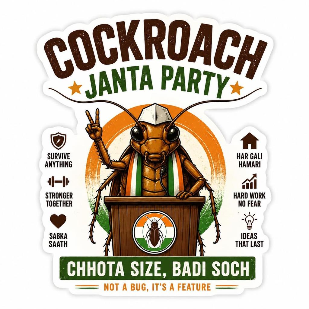 Cockroach Janta Party Premium Satire Mixed Theme Sticker | Funny Political Parody Shelf Adhesive Paper Sticker | Non Waterproof Sticker for Laptop, Car, Bike, Bottle, Notebook, Helmet & Gift (20)