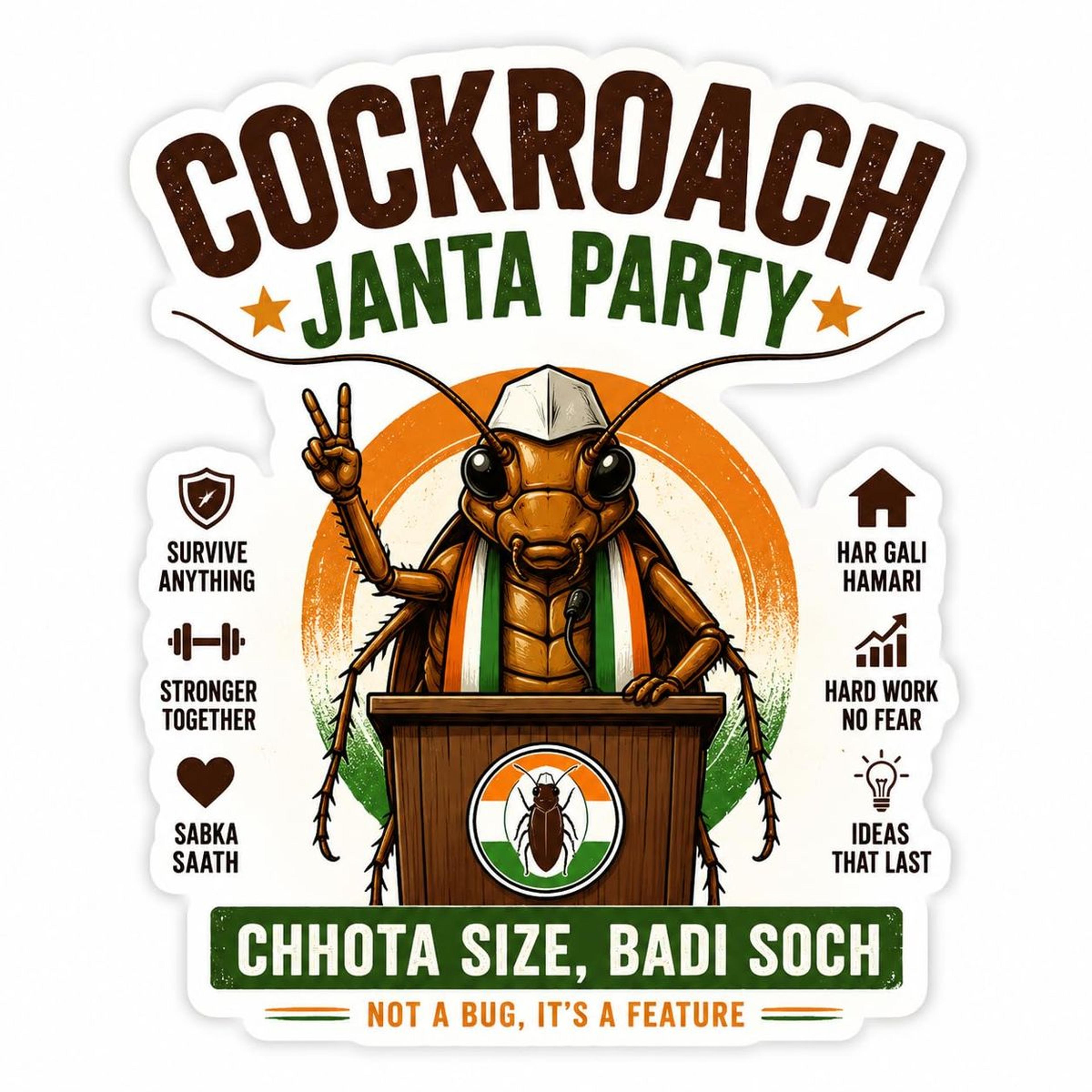 Cockroach Janta Party Premium Satire Mixed Theme Sticker | Funny Political Parody Shelf Adhesive Paper Sticker | Non Waterproof Sticker for Laptop, Car, Bike, Bottle, Notebook, Helmet & Gift (20)