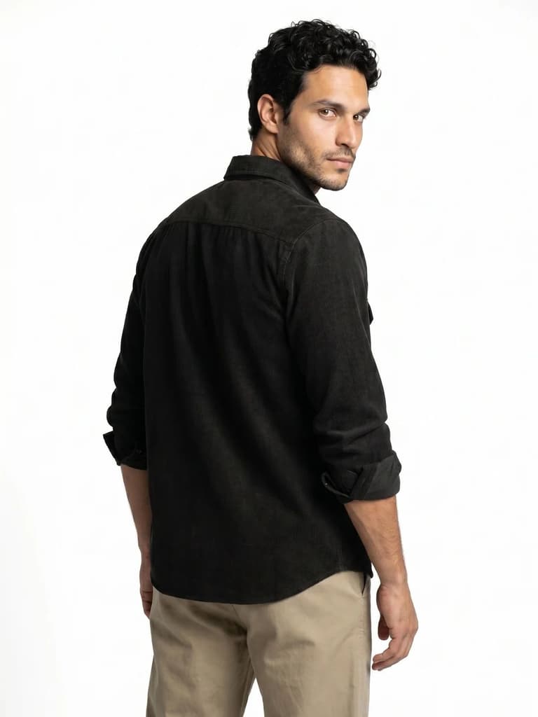 Men's Black Corduroy Full Sleeve Regular Fit Solid Overshirt with Utility Pockets — photo 3