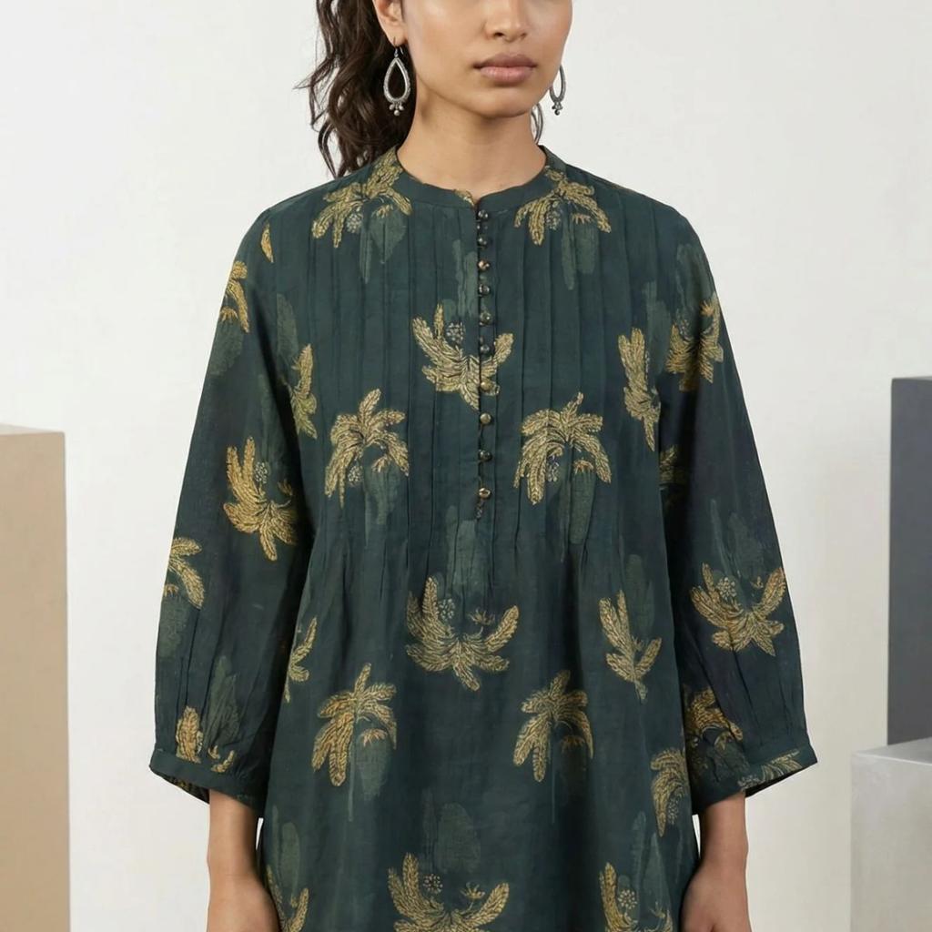 Green Block Botanical Printed Pure Cotton Flared Top