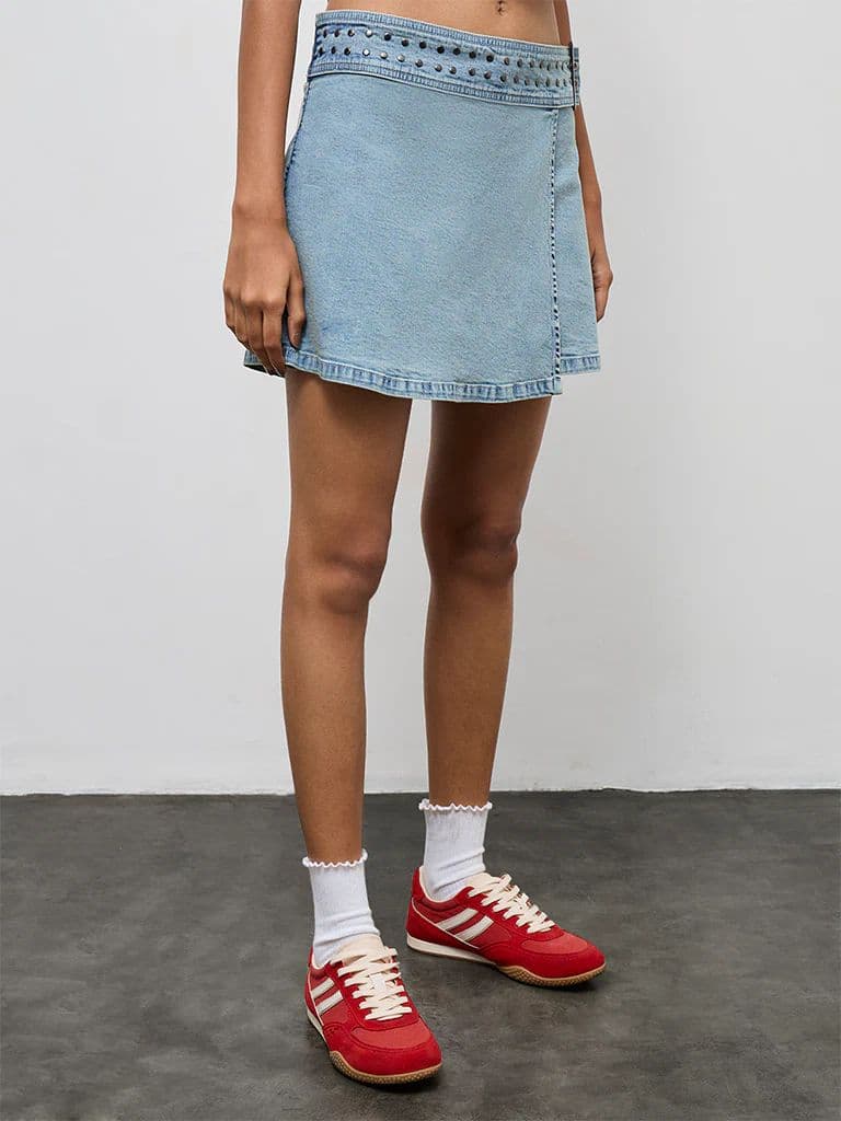 Nuon Light Blue Stud Detailed High-Rise Denim Skorts — photo 2