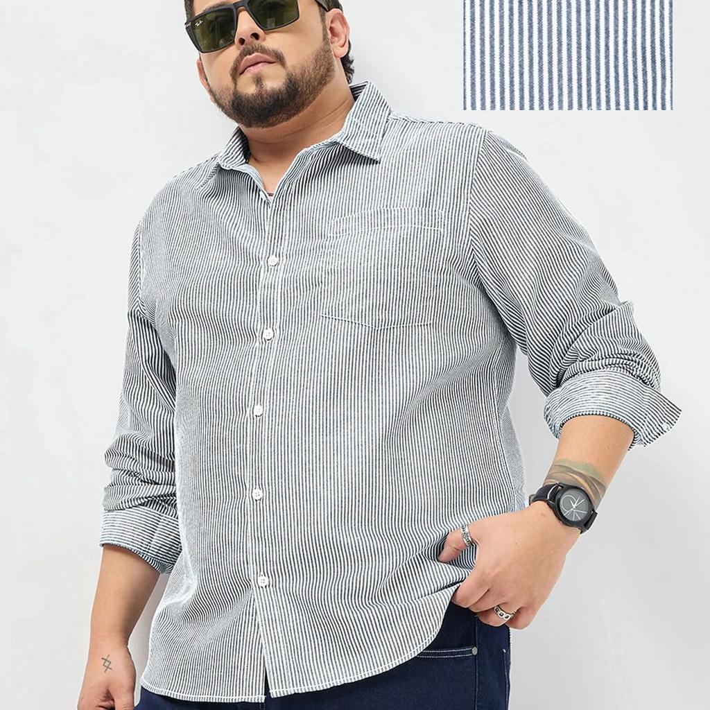 Plus Men's Dark Blue Cotton Full Sleeve Regular Fit Casual Striped Shirt