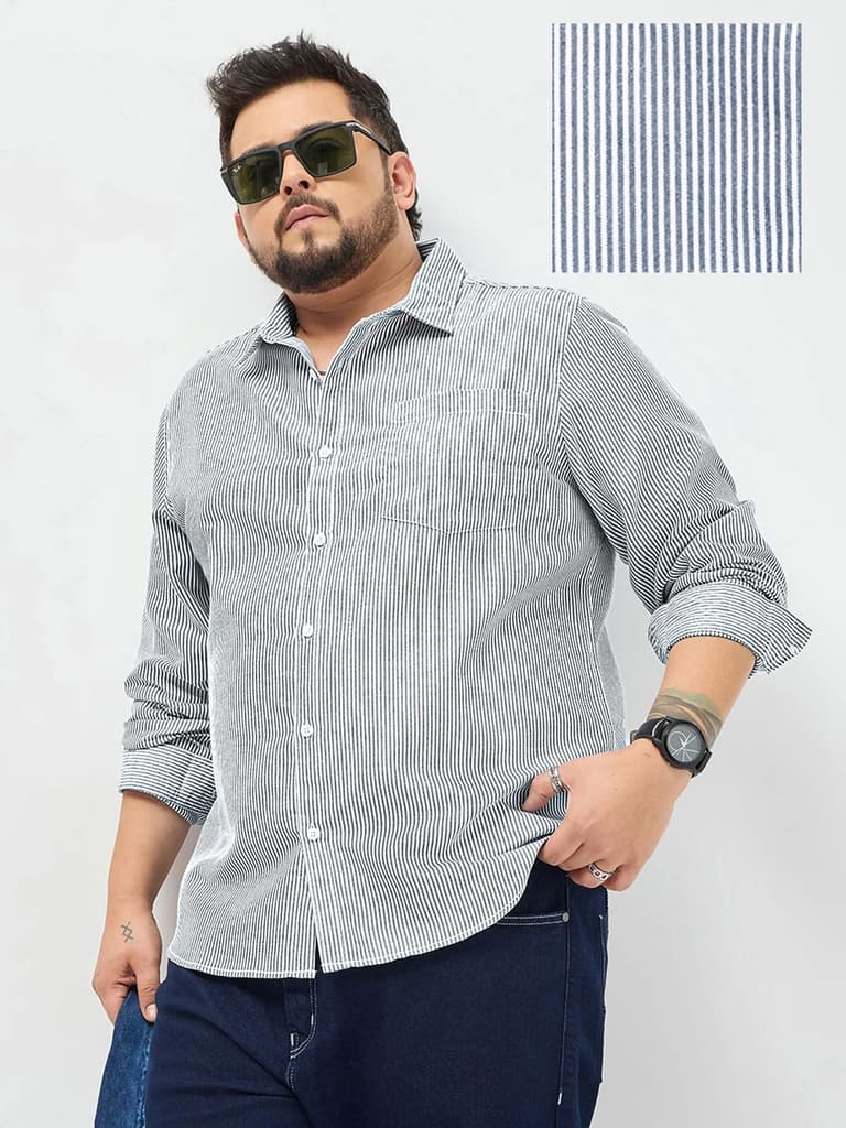 Plus Men's Dark Blue Cotton Full Sleeve Regular Fit Casual Striped Shirt — 2XL / Dark Blue