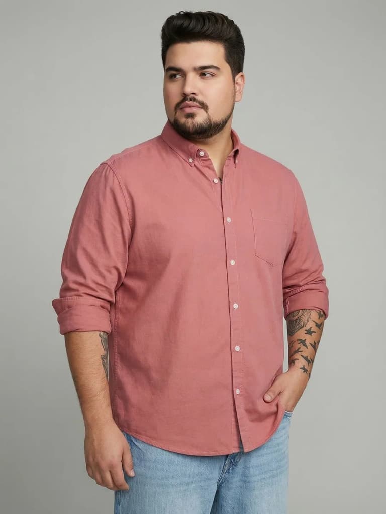 Plus Men's Peach Cotton Full Sleeve Regular Fit Solid Oxford Shirt With Button-Down Collar — photo 2