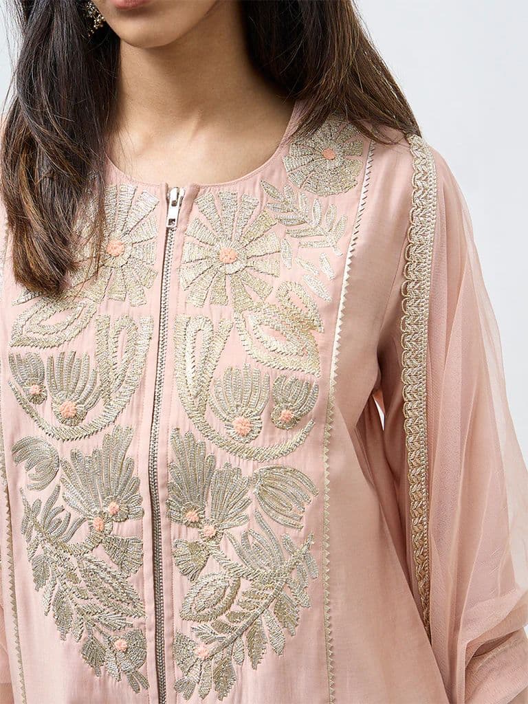 Vark Peach Floral Embroidered A-Line Ethnic Set — photo 3