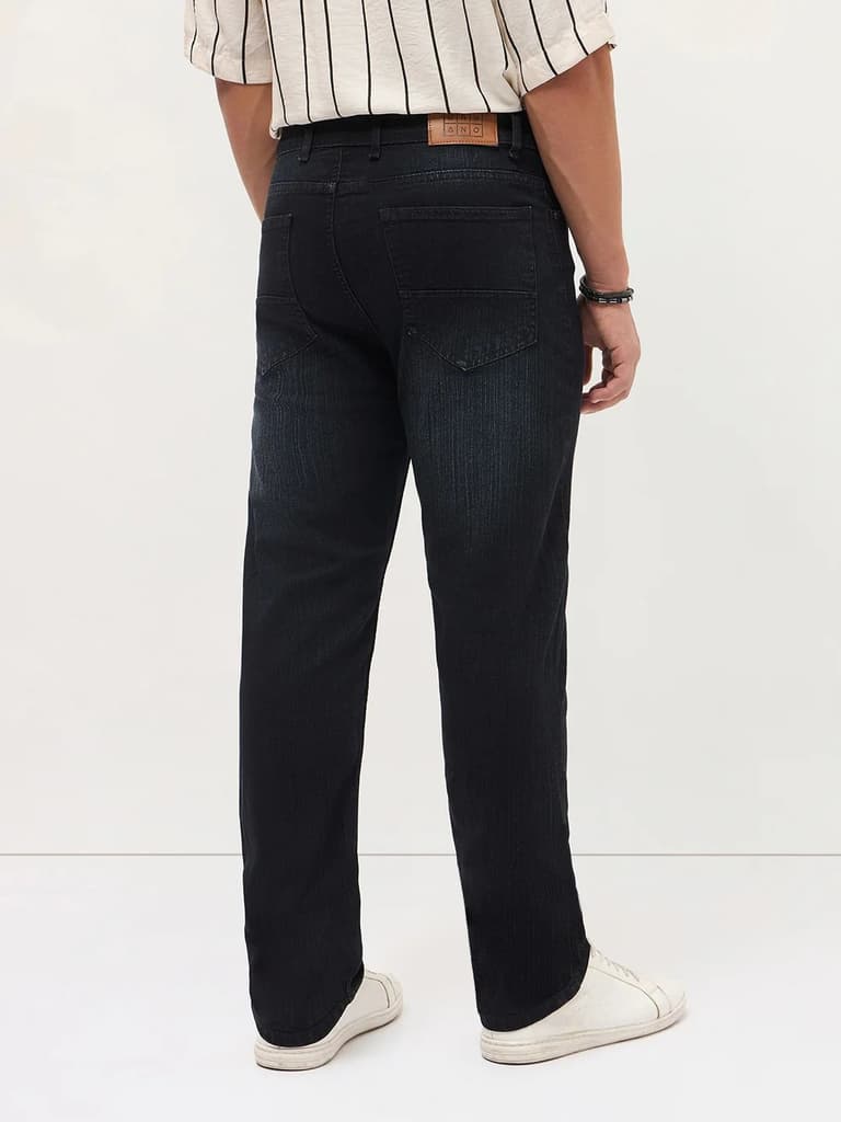 Men's Black Straight Fit Washed Denim Jeans Stretchable — photo 4