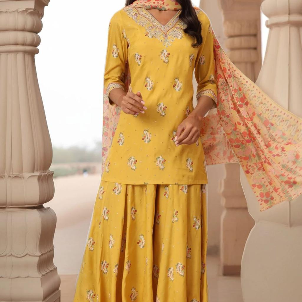 Mustard Yellow Printed Short Shantung Kurti, Culottes and Dupatta Set